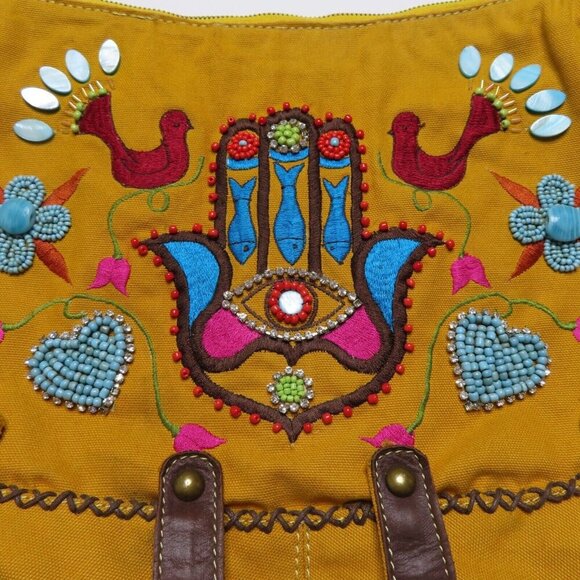 Mare Sole Amore Embroidered Eye Beaded Rhinestone Leather Strap Shoulder Bag - Picture 5 of 16
